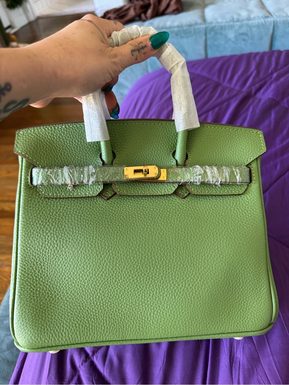 Green Pebbled Leather Top-Handle Women's Bag w/ Gold Hardware